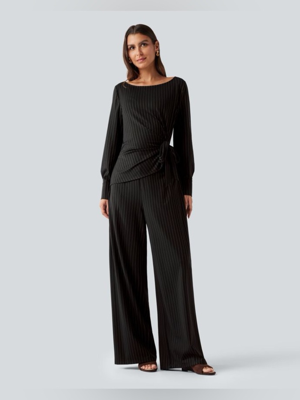 Halara Boat Neck Long Sleeve Tie Side Cool Touch Stripe Jumpsuit Sz L NWTs!!